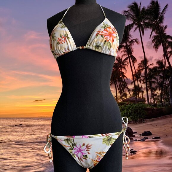 Billabong Surf BLUE CRUSH Vintage bikini natural floral beaded triangle low rise - Picture 1 of 7